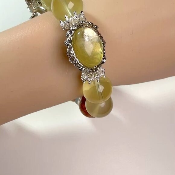Bold 15mm honey-tone gemstone bracelet featuring Yellow Phantom, Cherry Quartz, - Picture 9 of 10